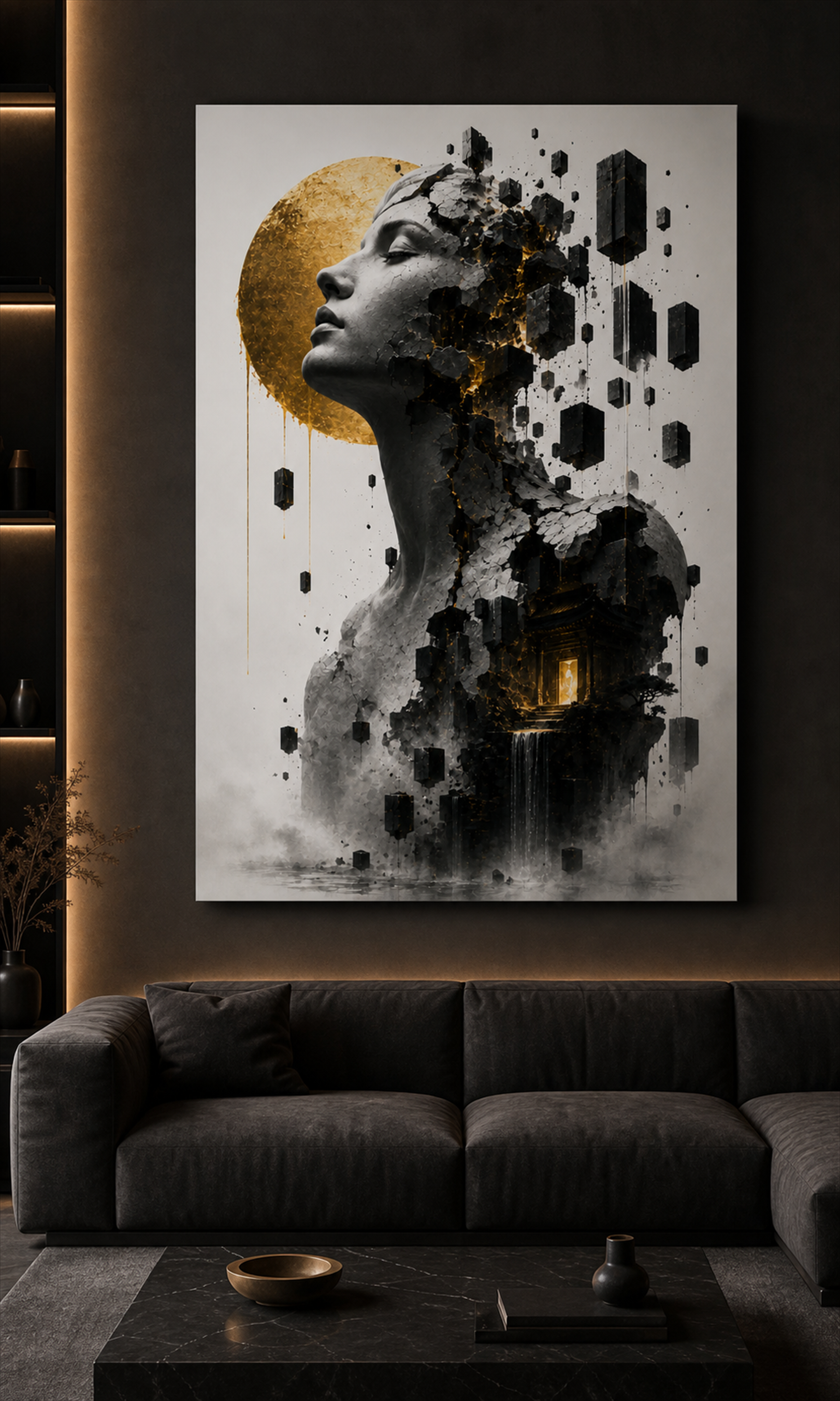 Kintsugi Frau mit japanischem Tempel | Alu-Dibond Wandbild