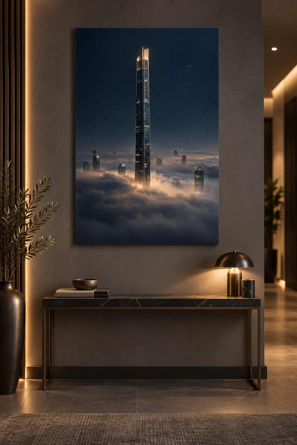 Turm über dem Wolkenmeer – Alu-Dibond Wandbild Hochformat