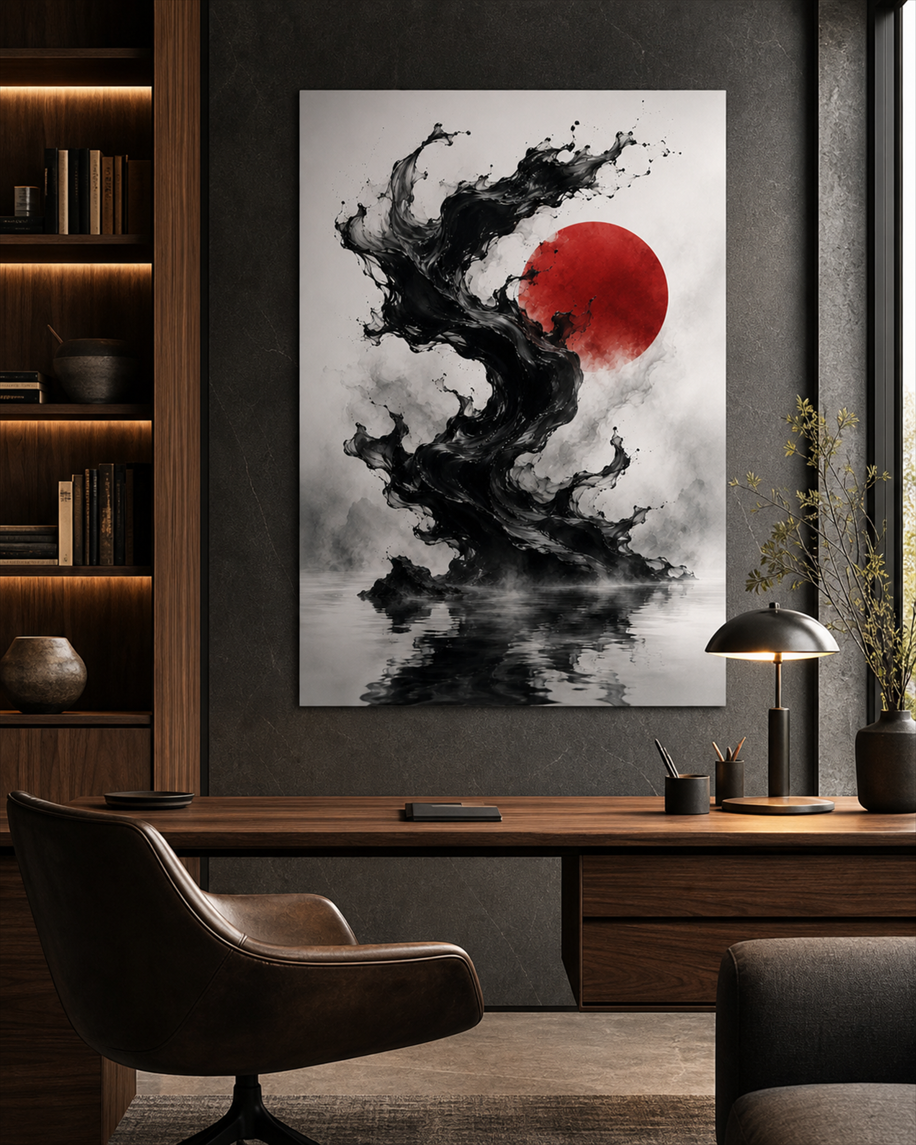 Japanische Tintenwelle mit roter Sonne | Alu-Dibond Wandbild