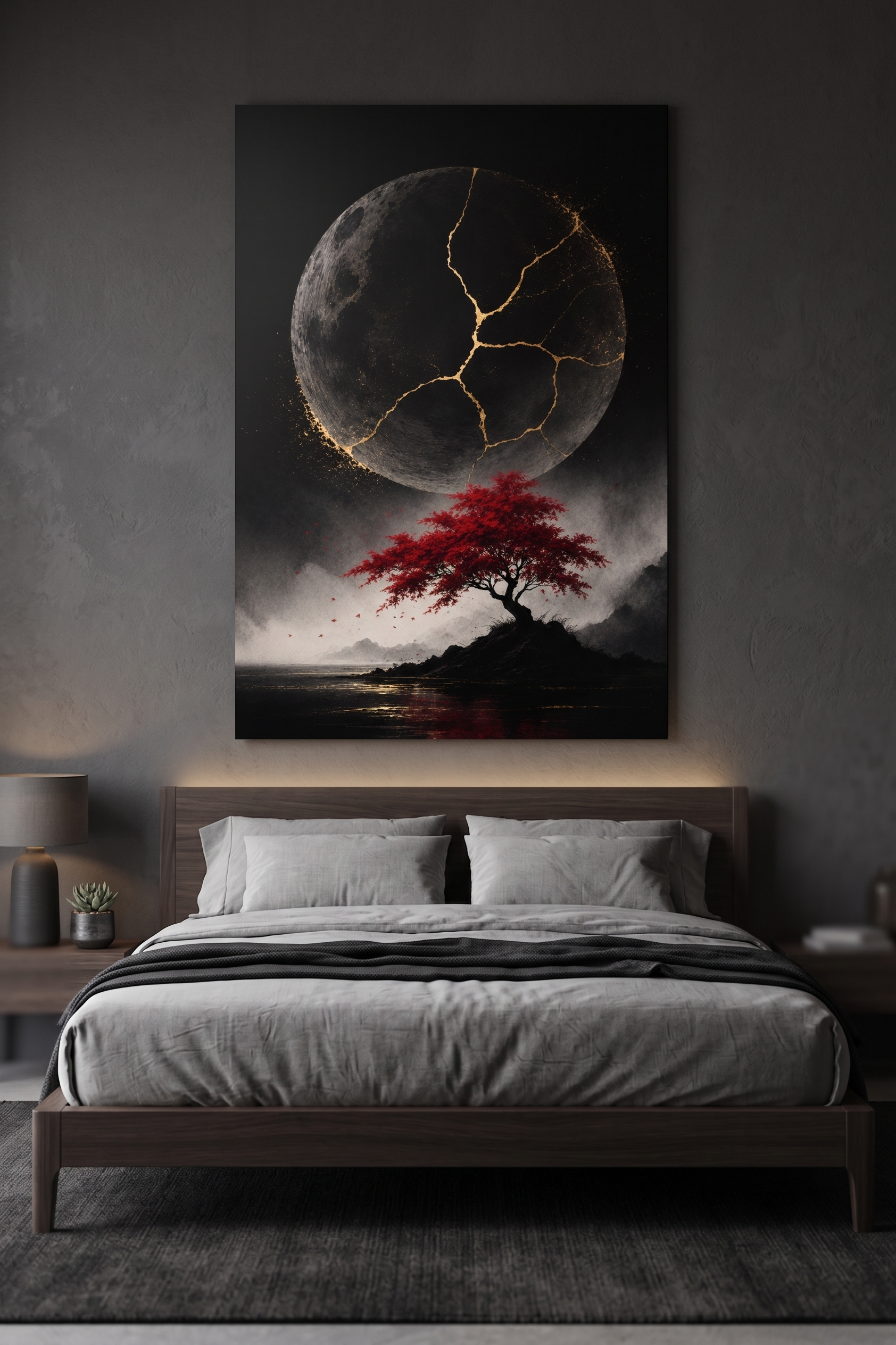 Kintsugi-Mond mit rotem Ahorn | Japanisches Alu-Dibond Wandbild