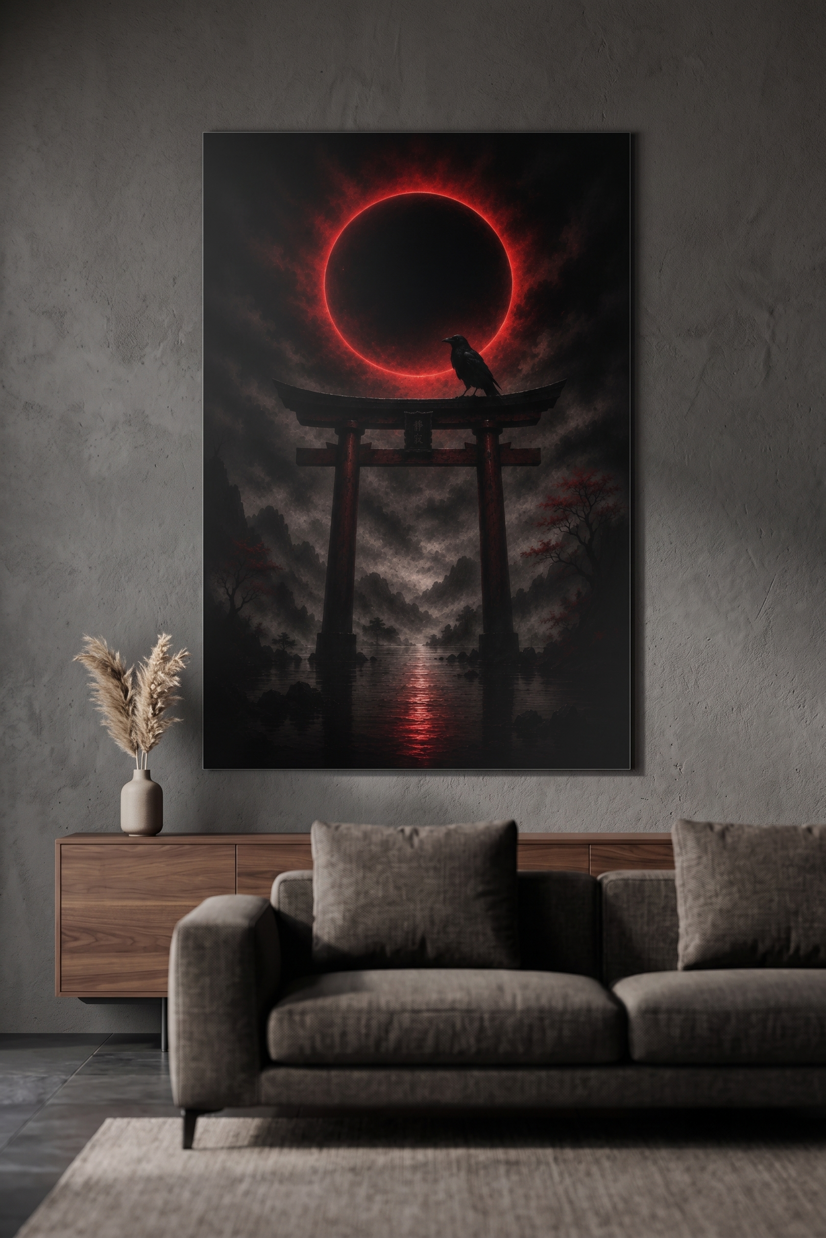 Torii-Tor bei Nacht mit Krähe | Blutmond auf Alu-Dibond