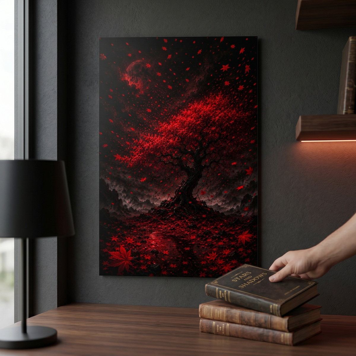 Roter Ahornbaum bei Nacht | Dramatisches Japan Alu-Dibond Wandbild
