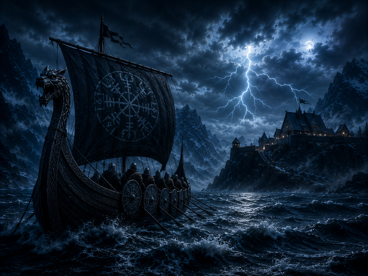 Wikingerschiff im Gewitter vor der Halle – Alu-Dibond Bild