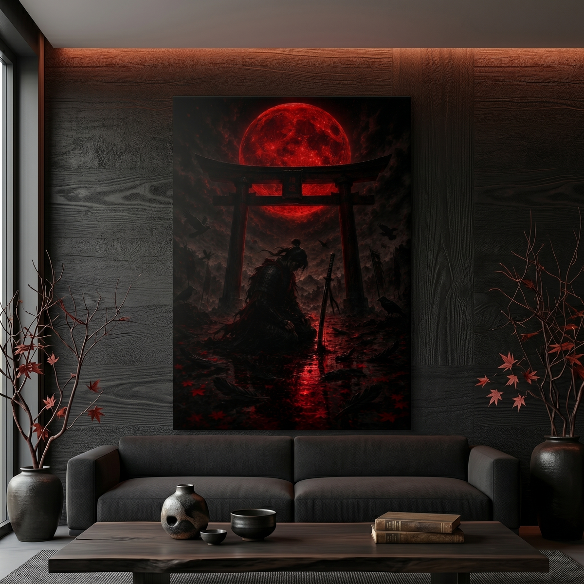 Kniender Samurai mit Raben | Torii Blutmond auf Alu-Dibond