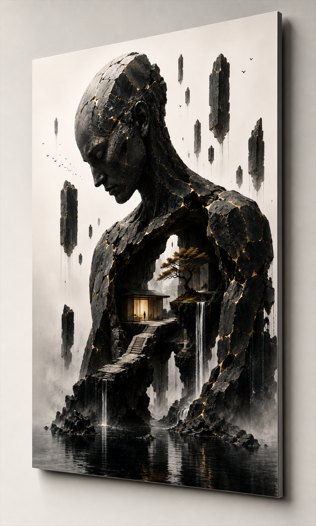 Kintsugi Figur mit innerer Landschaft | Surreales Alu-Dibond Wandbild