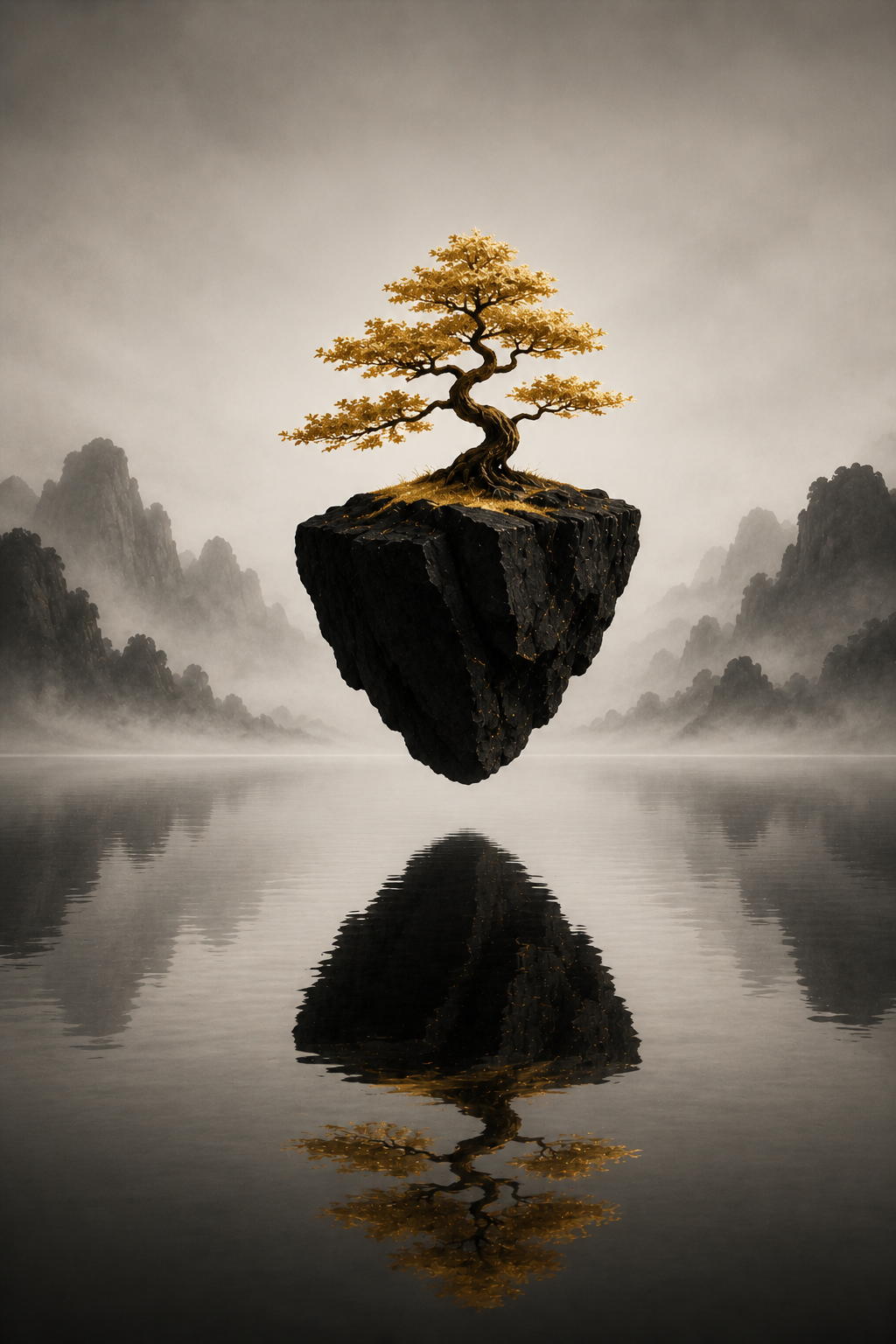 Goldener Bonsai auf schwebender Insel – Alu-Dibond Bild