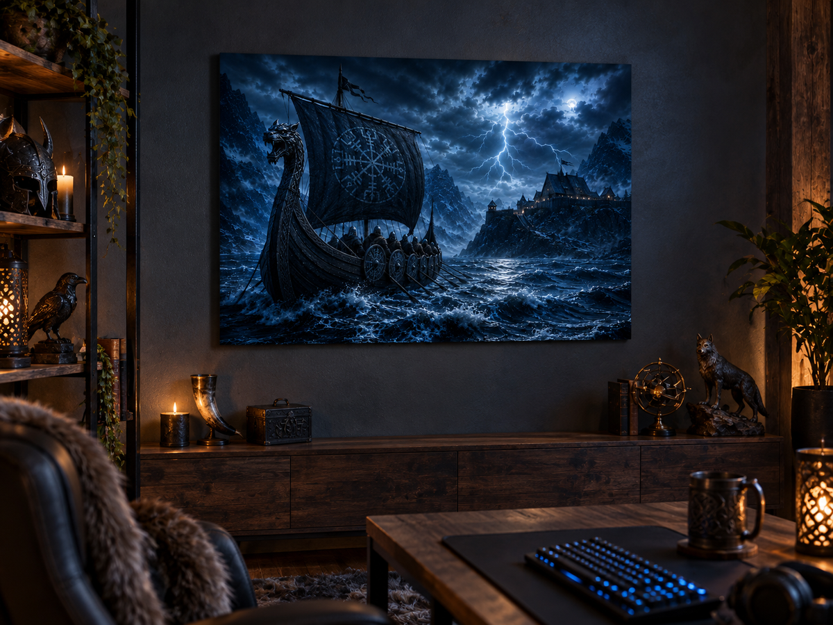 Wikingerschiff im Gewitter vor der Halle – Alu-Dibond Bild