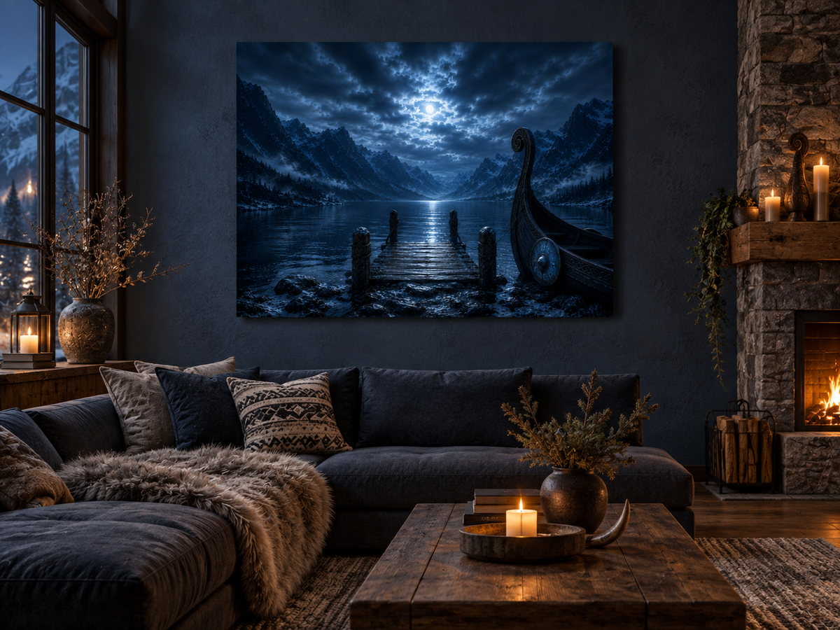 Steg im Mondlicht mit Drachenschiff – Alu-Dibond Wandbild