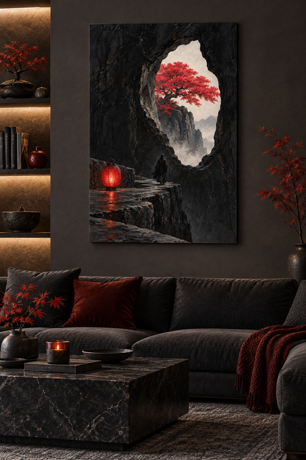 Roter Baum im Felsfenster – Alu-Dibond Wandbild Hochformat