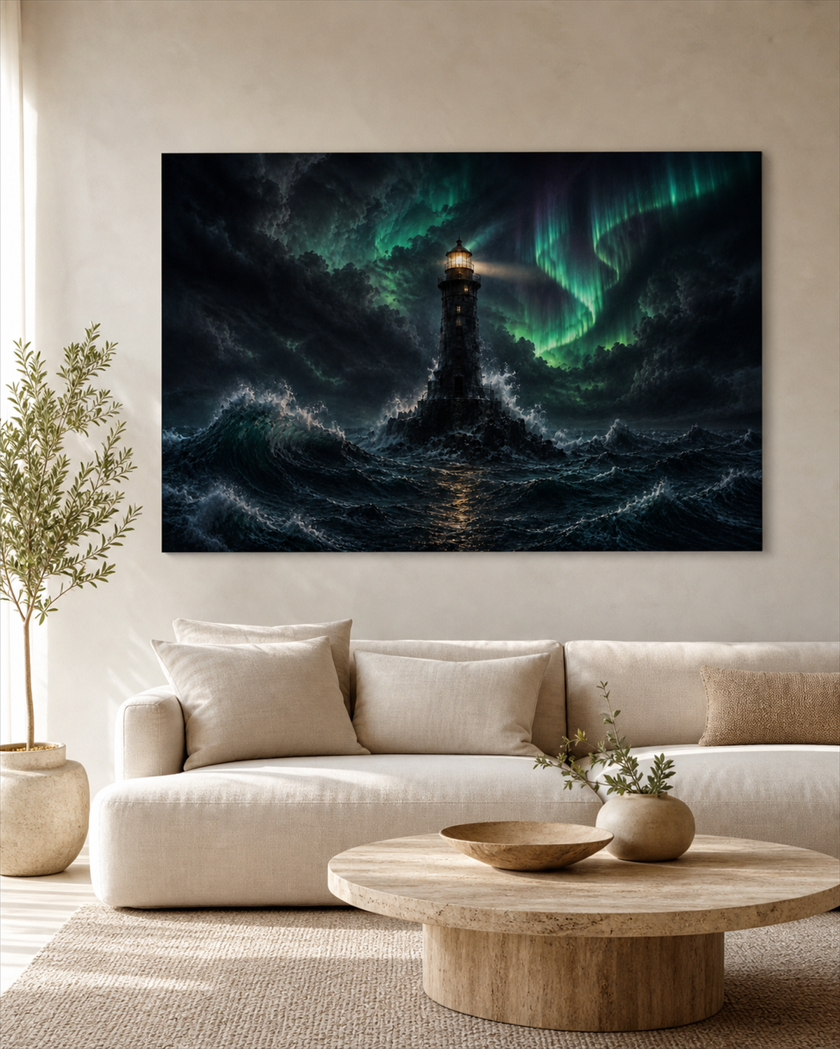 Leuchtturm im Sturm unter Nordlicht | Alu-Dibond Wandbild