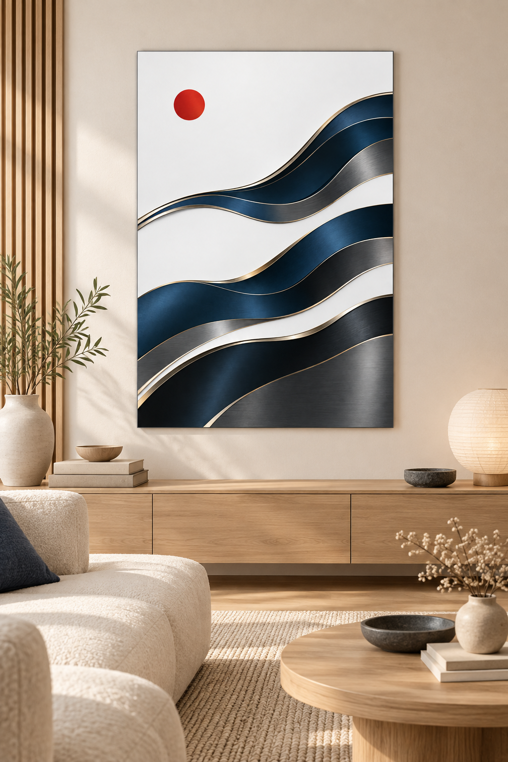Indigowellen mit roter Sonne – Alu-Dibond Wandbild
