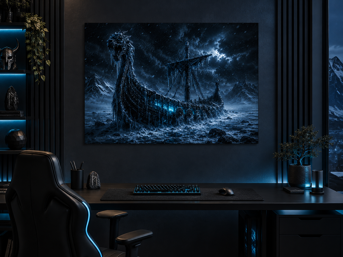 Vereistes Drachenschiff im Eismeer – Alu-Dibond Wandbild