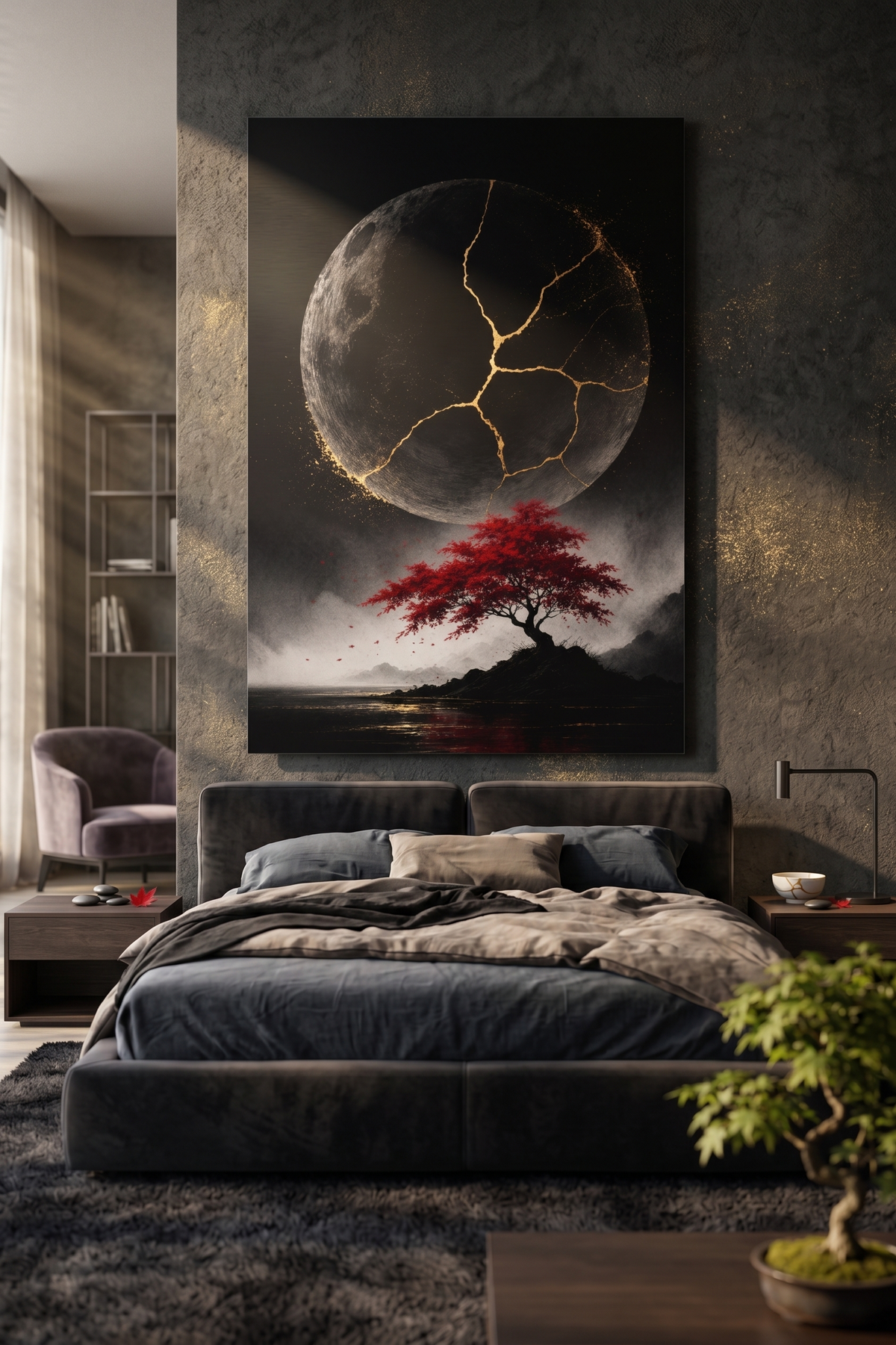 Kintsugi-Mond mit rotem Ahorn | Japanisches Alu-Dibond Wandbild