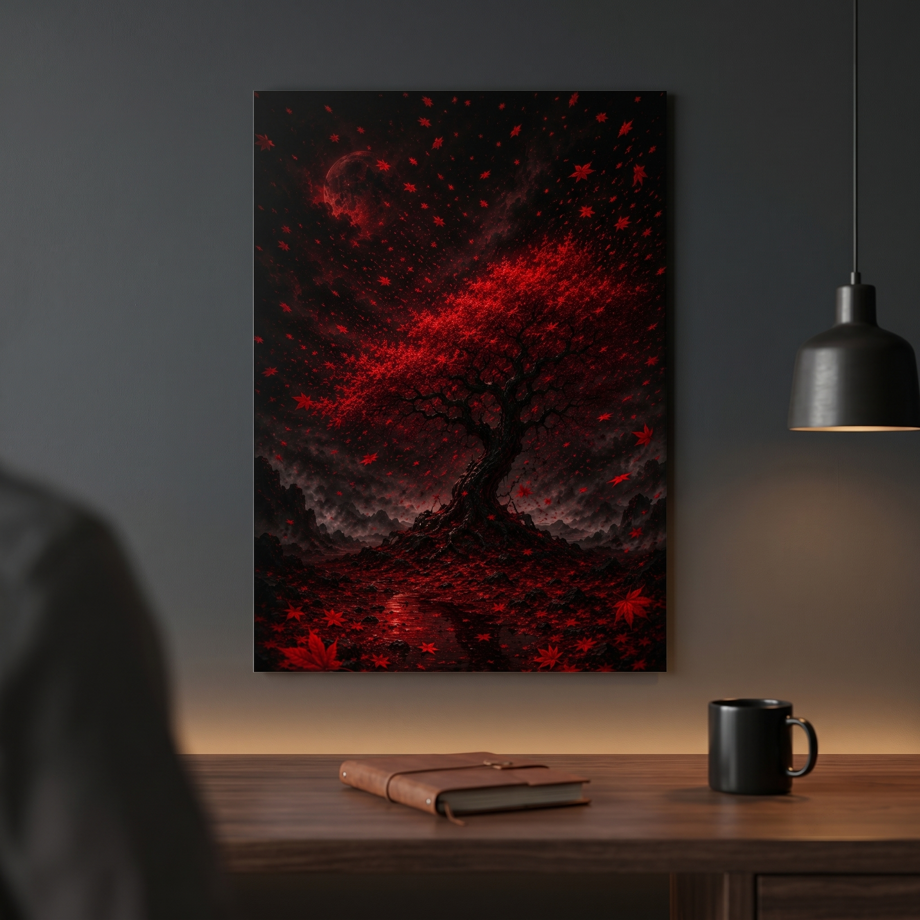 Roter Ahornbaum bei Nacht | Dramatisches Japan Alu-Dibond Wandbild