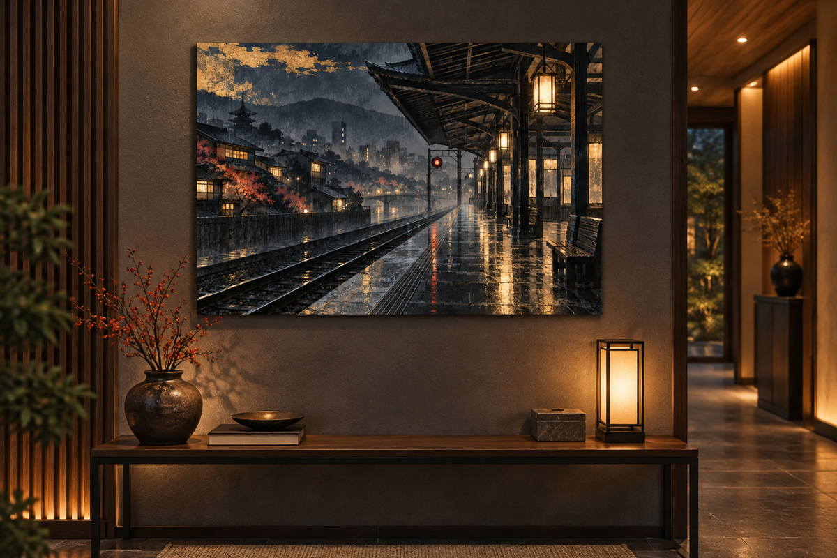 Bahnsteig im Regen bei Nacht – Alu-Dibond Wandbild Japan