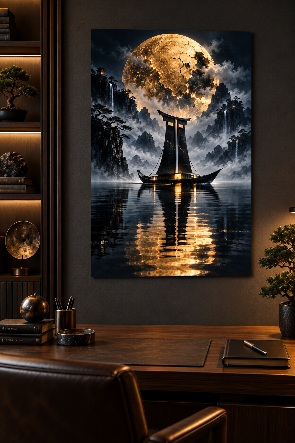 Schiff mit Torii-Segel vor Goldmond – Alu-Dibond Wandbild