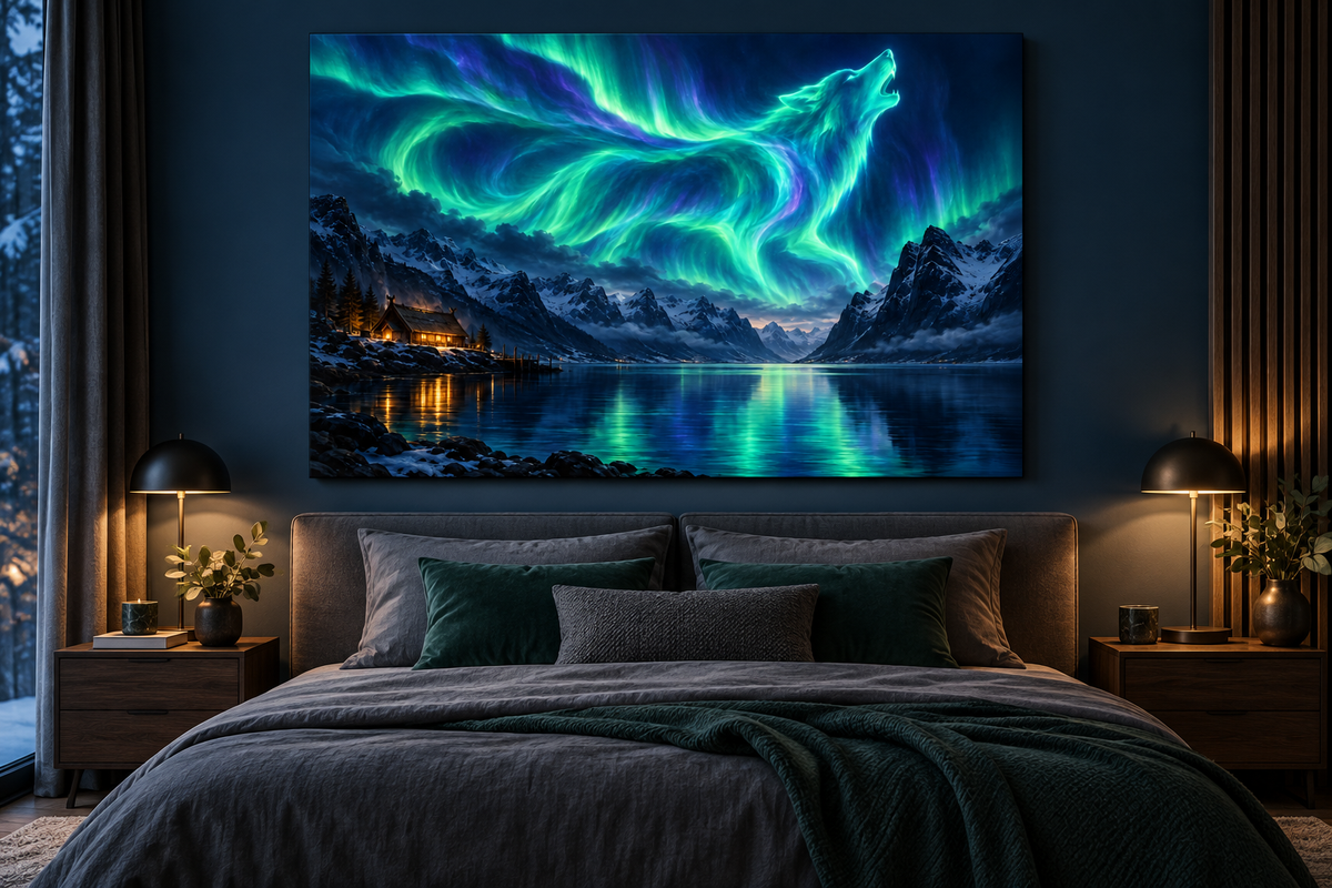 Polarlicht-Wolf über dem Fjord – Alu-Dibond Wandbild