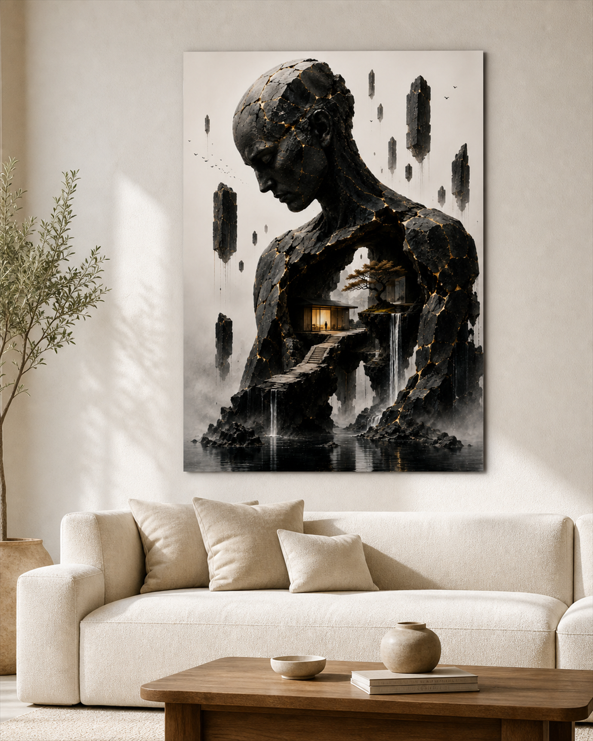 Kintsugi Figur mit innerer Landschaft | Surreales Alu-Dibond Wandbild