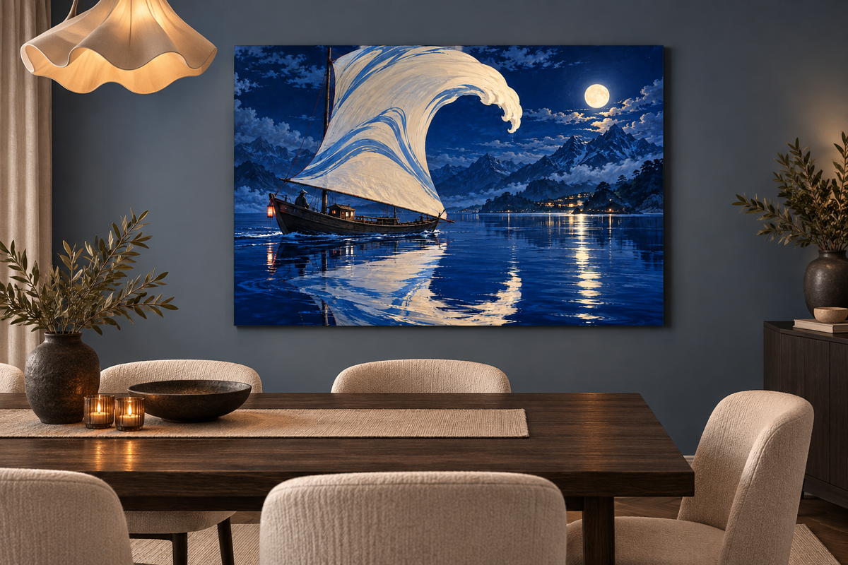 Segel als große Welle vor Vollmond – Alu-Dibond Wandbild