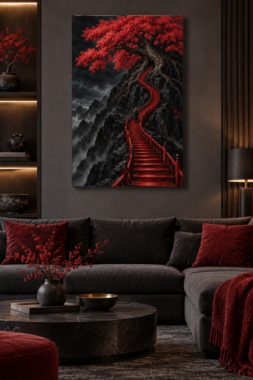 Rote Treppe zum blühenden Baum – Alu-Dibond Wandbild