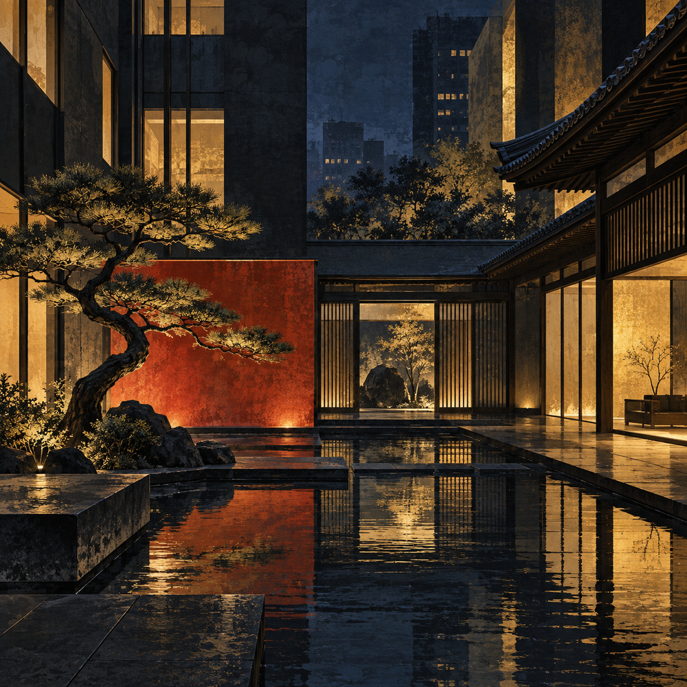 Zen-Innenhof mit roter Wand – Alu-Dibond Wandbild quadratisch