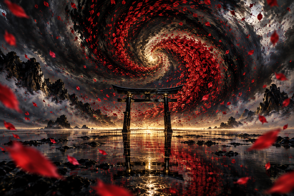 Torii im Blütensturm – Alu-Dibond Wandbild Querformat
