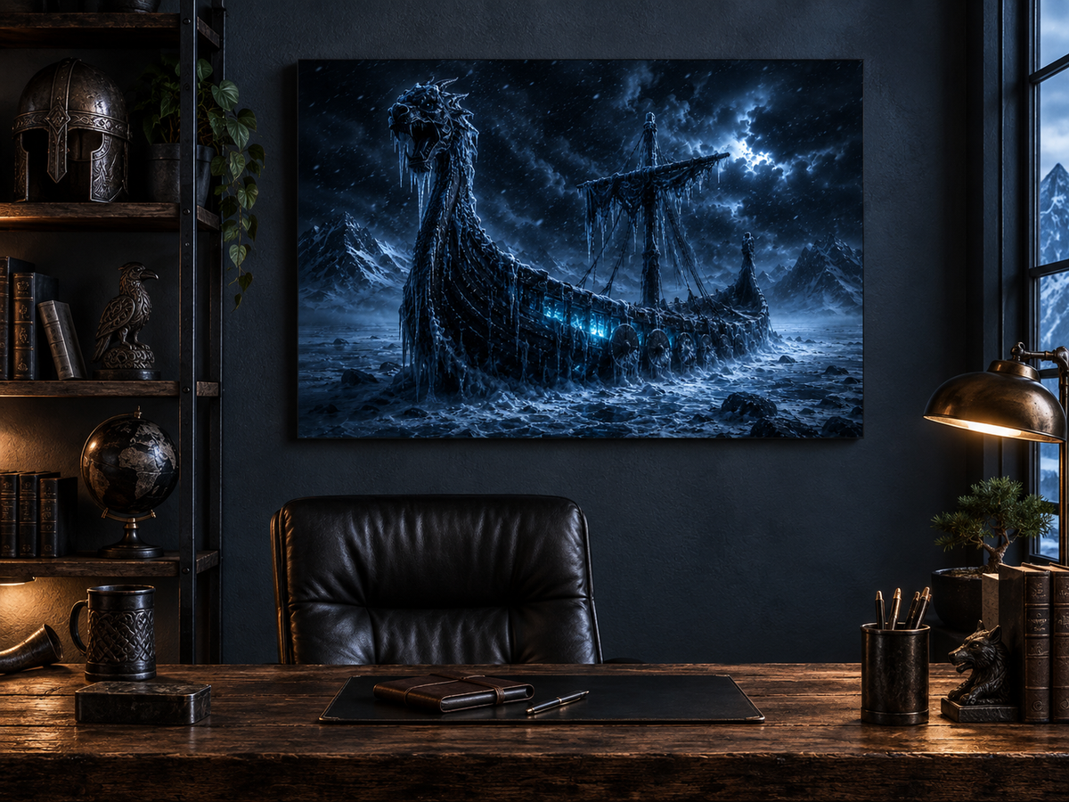 Vereistes Drachenschiff im Eismeer – Alu-Dibond Wandbild