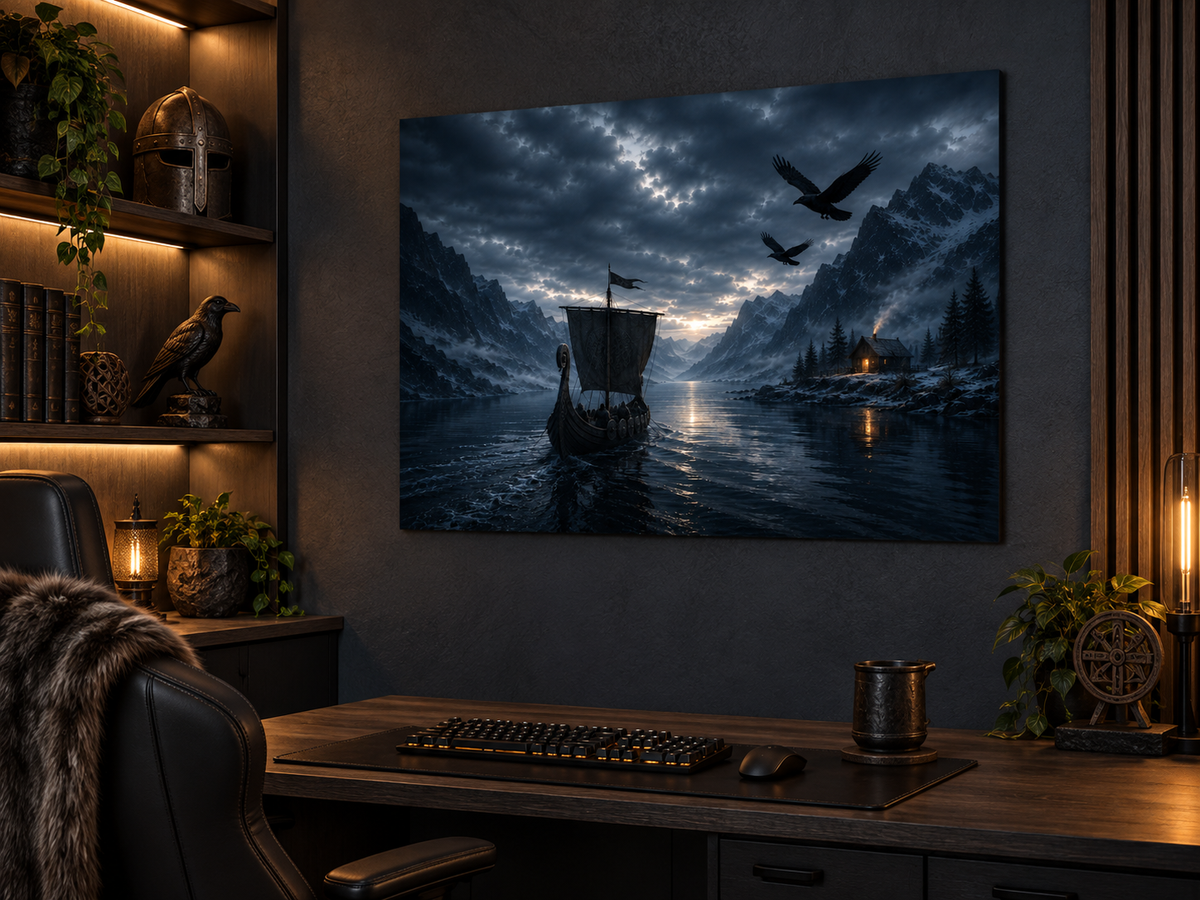 Wikingerschiff im Fjord mit zwei Raben – Alu-Dibond Bild