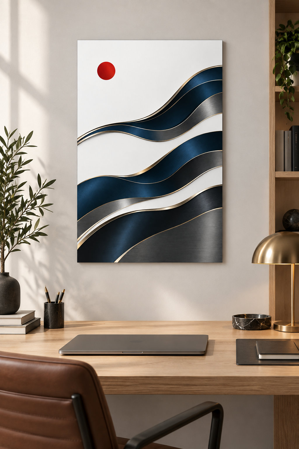 Indigowellen mit roter Sonne – Alu-Dibond Wandbild