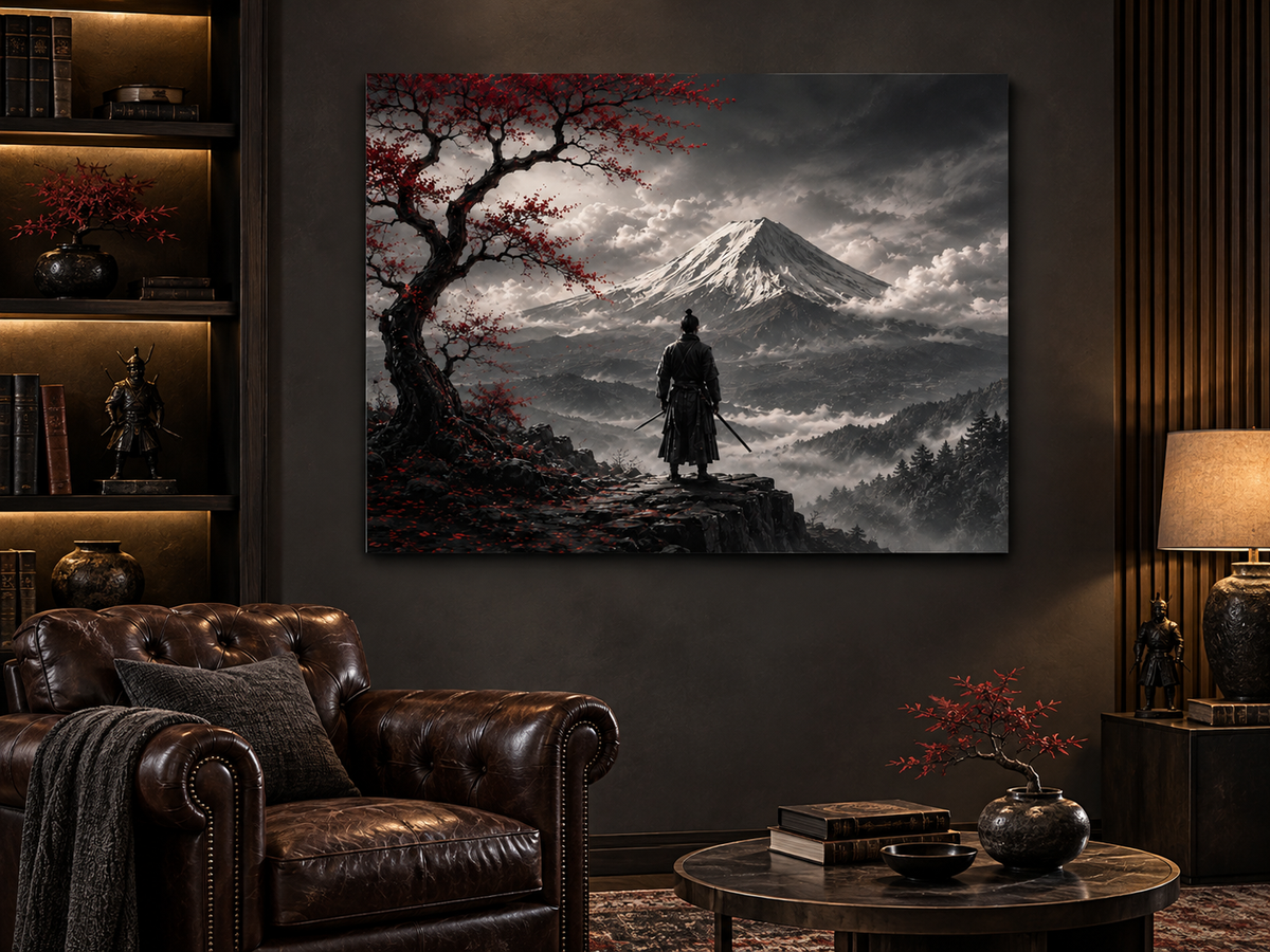 Samurai vor dem Fuji in Schwarz-Weiß – Alu-Dibond Bild