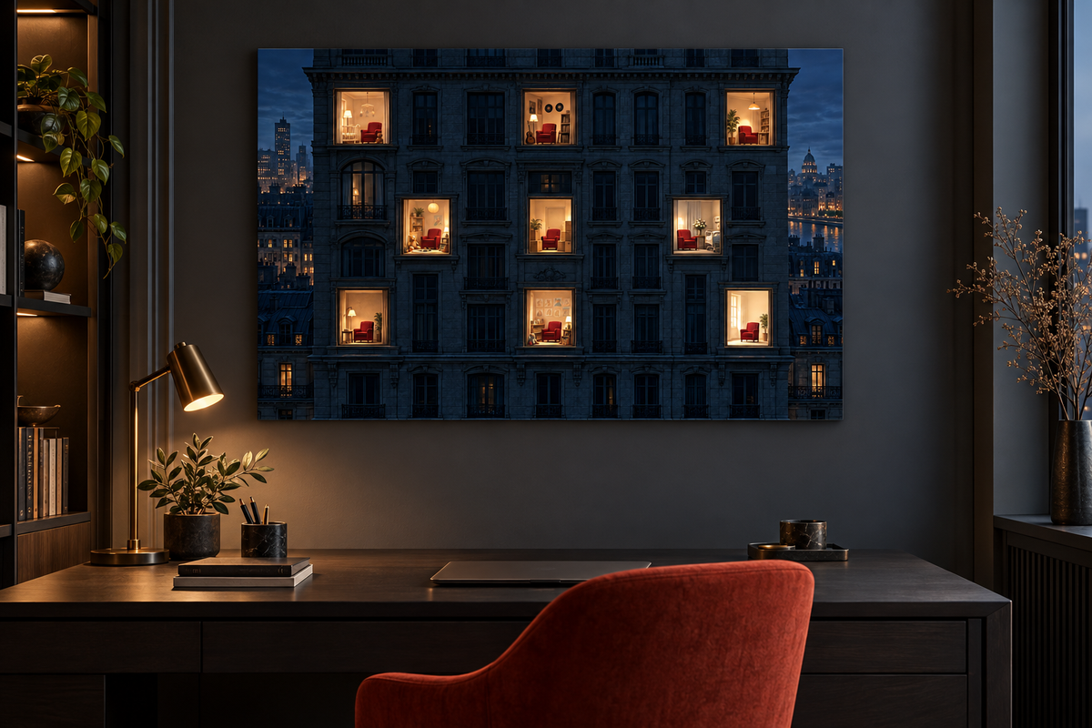 Neun Fenster mit rotem Sessel – Alu-Dibond Wandbild