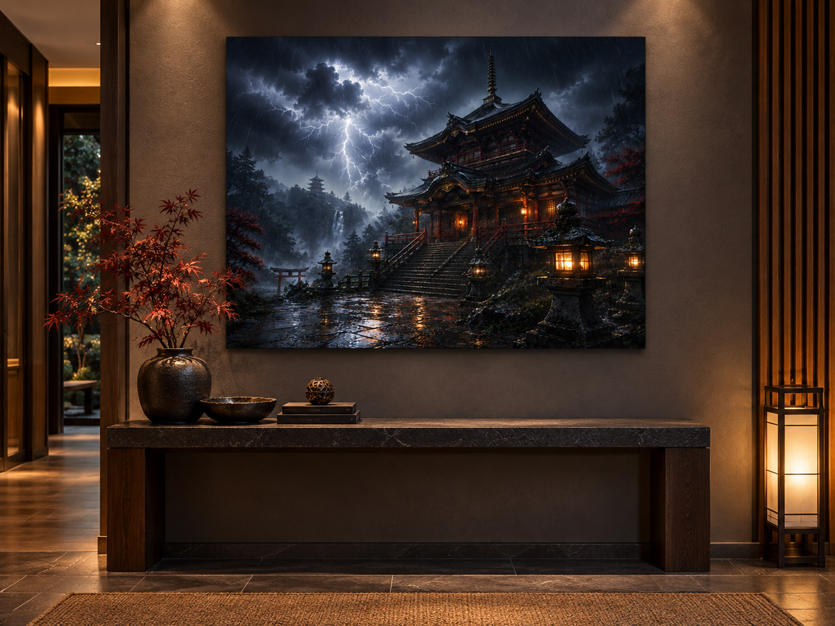 Japanischer Tempel im Gewitter – Alu-Dibond Wandbild