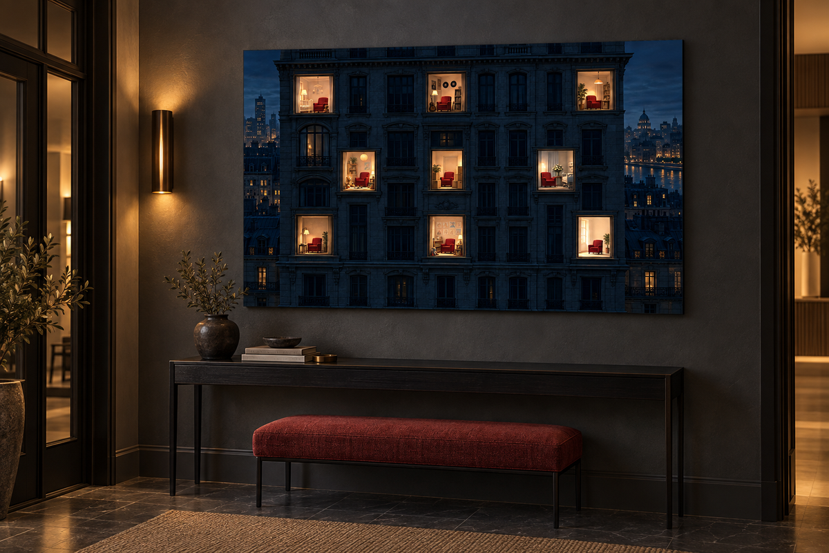 Neun Fenster mit rotem Sessel – Alu-Dibond Wandbild