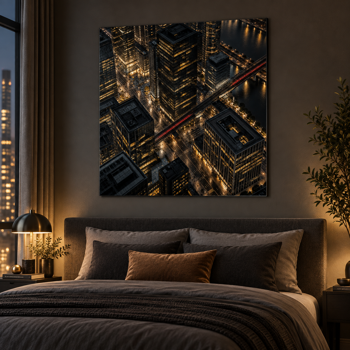 Stadt von oben bei Nacht – Alu-Dibond Wandbild quadratisch