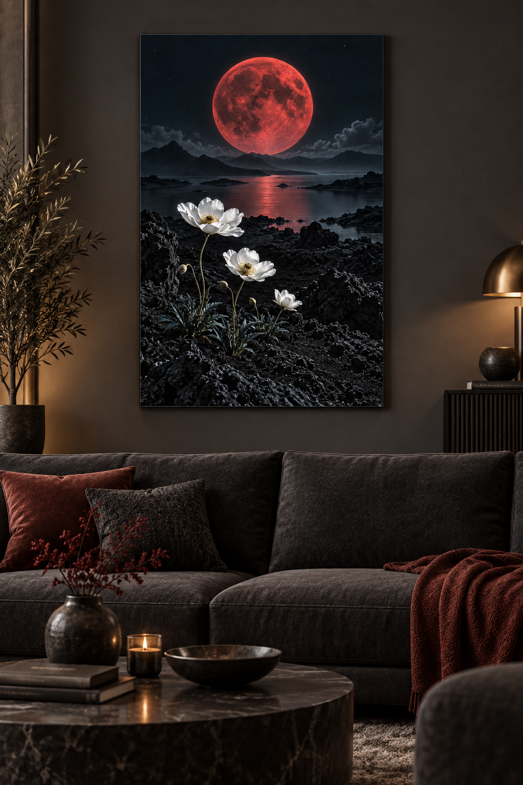 Roter Mond über weißen Blüten – Alu-Dibond Wandbild