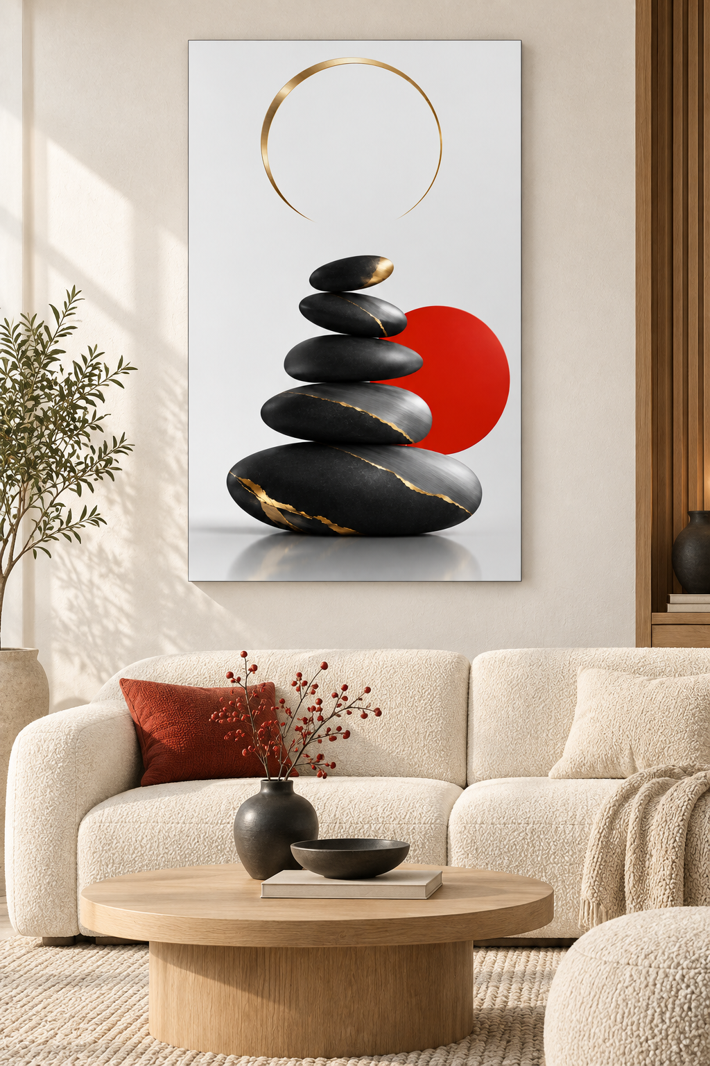 Zen-Steine mit Kintsugi vor rotem Kreis – Alu-Dibond Bild