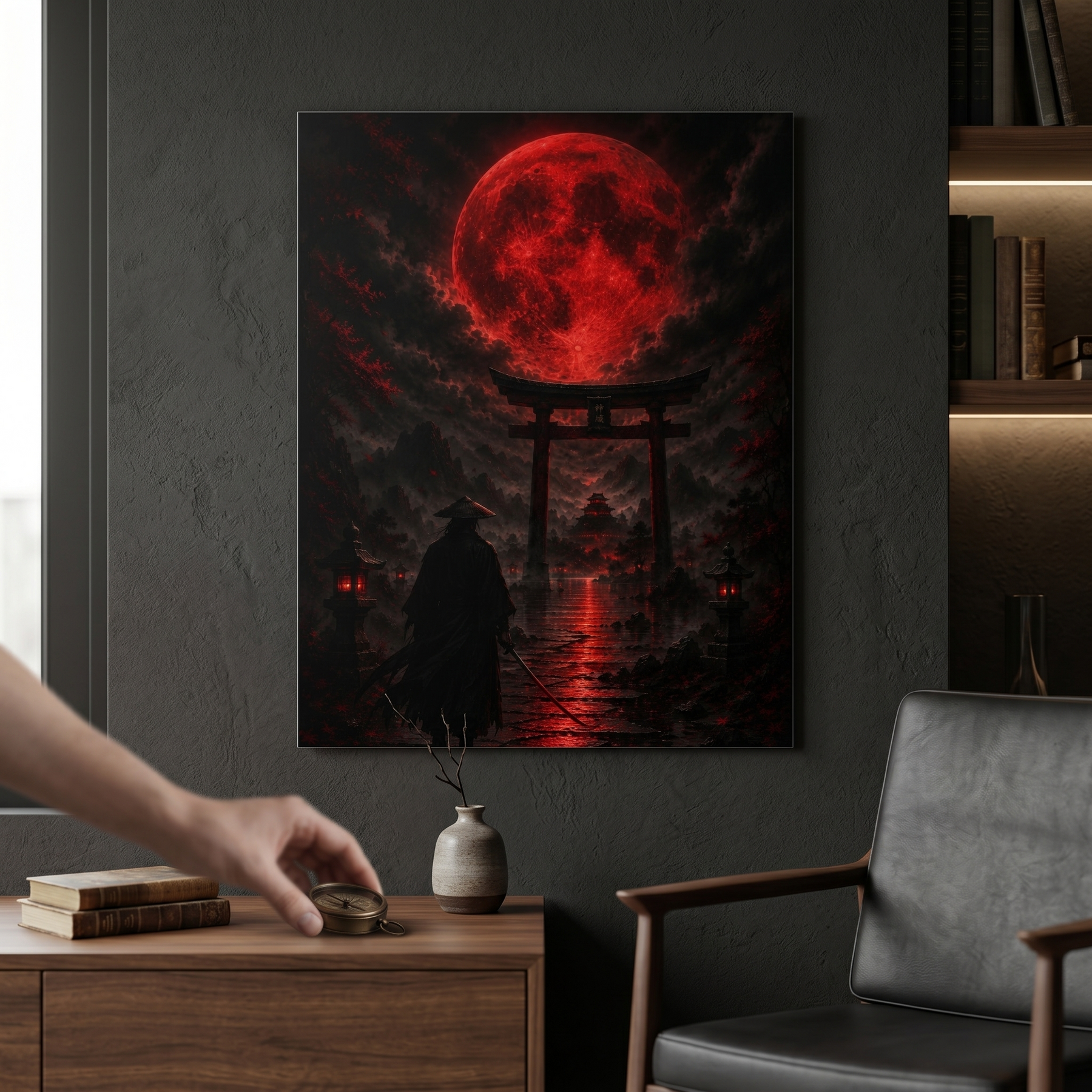 Samurai vor Torii und Blutmond | Japan Wandbild auf Alu-Dibond