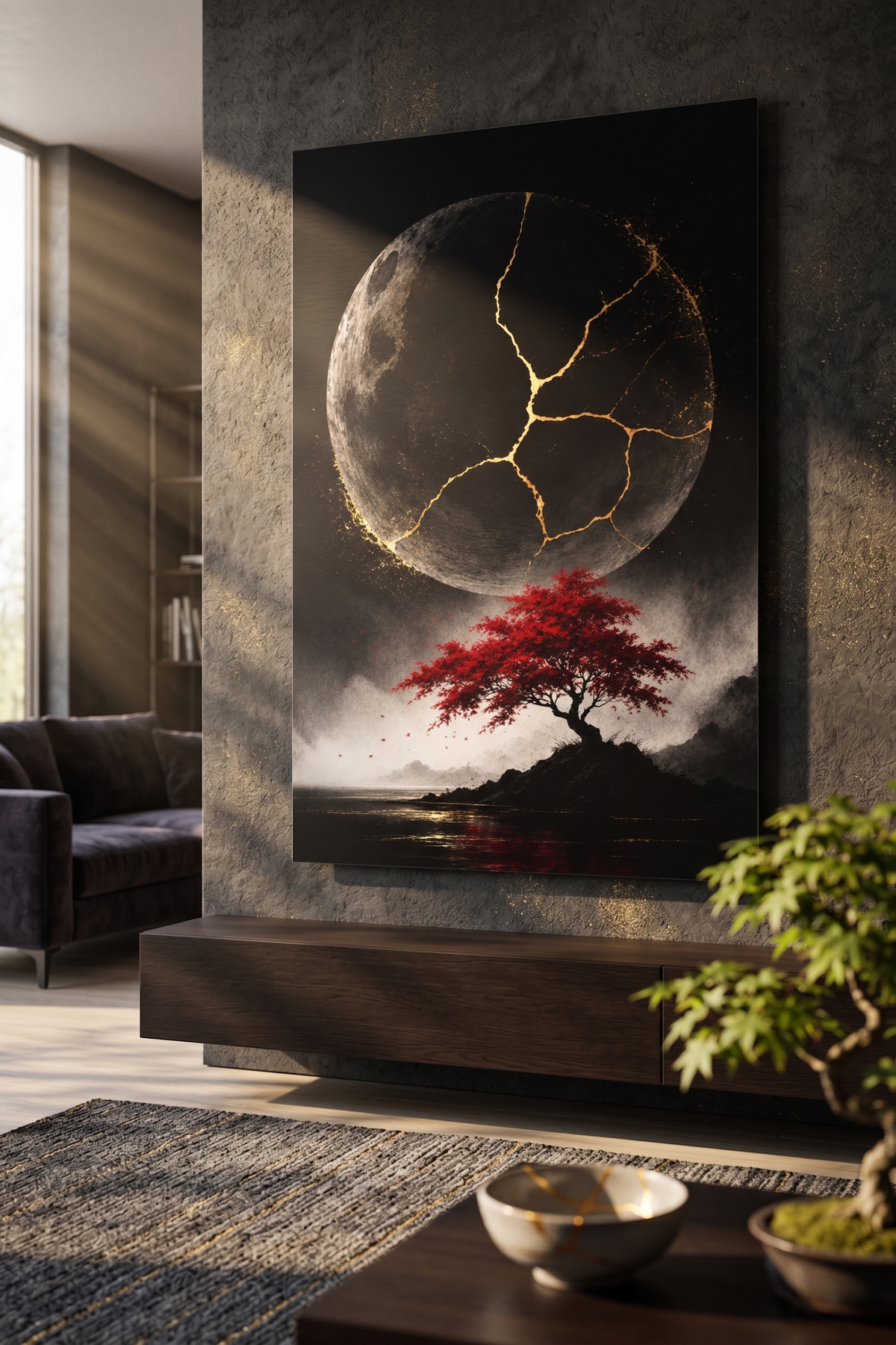 Kintsugi-Mond mit rotem Ahorn | Japanisches Alu-Dibond Wandbild