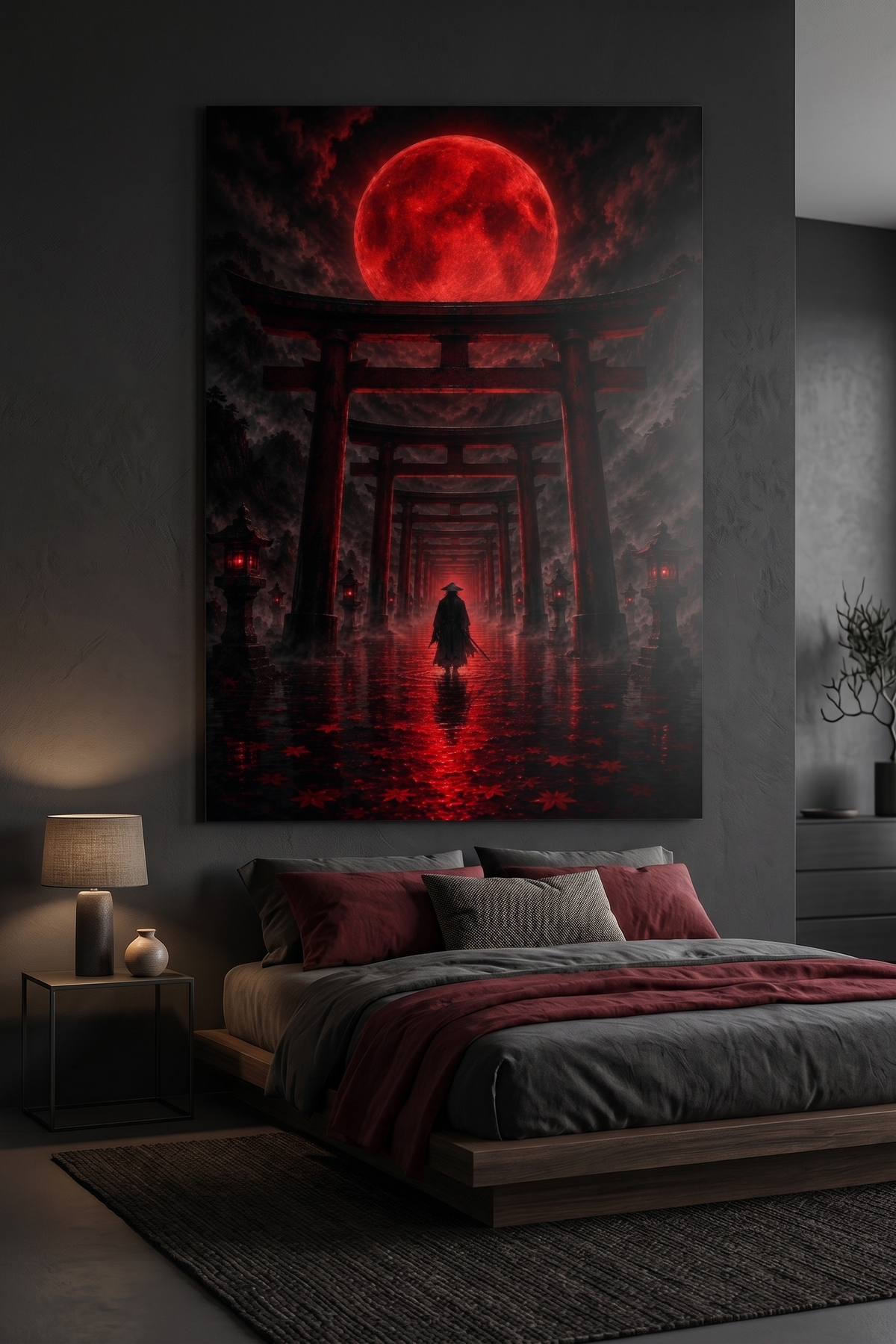 Torii-Tunnel mit Blutmond | Samurai Japan auf Alu-Dibond
