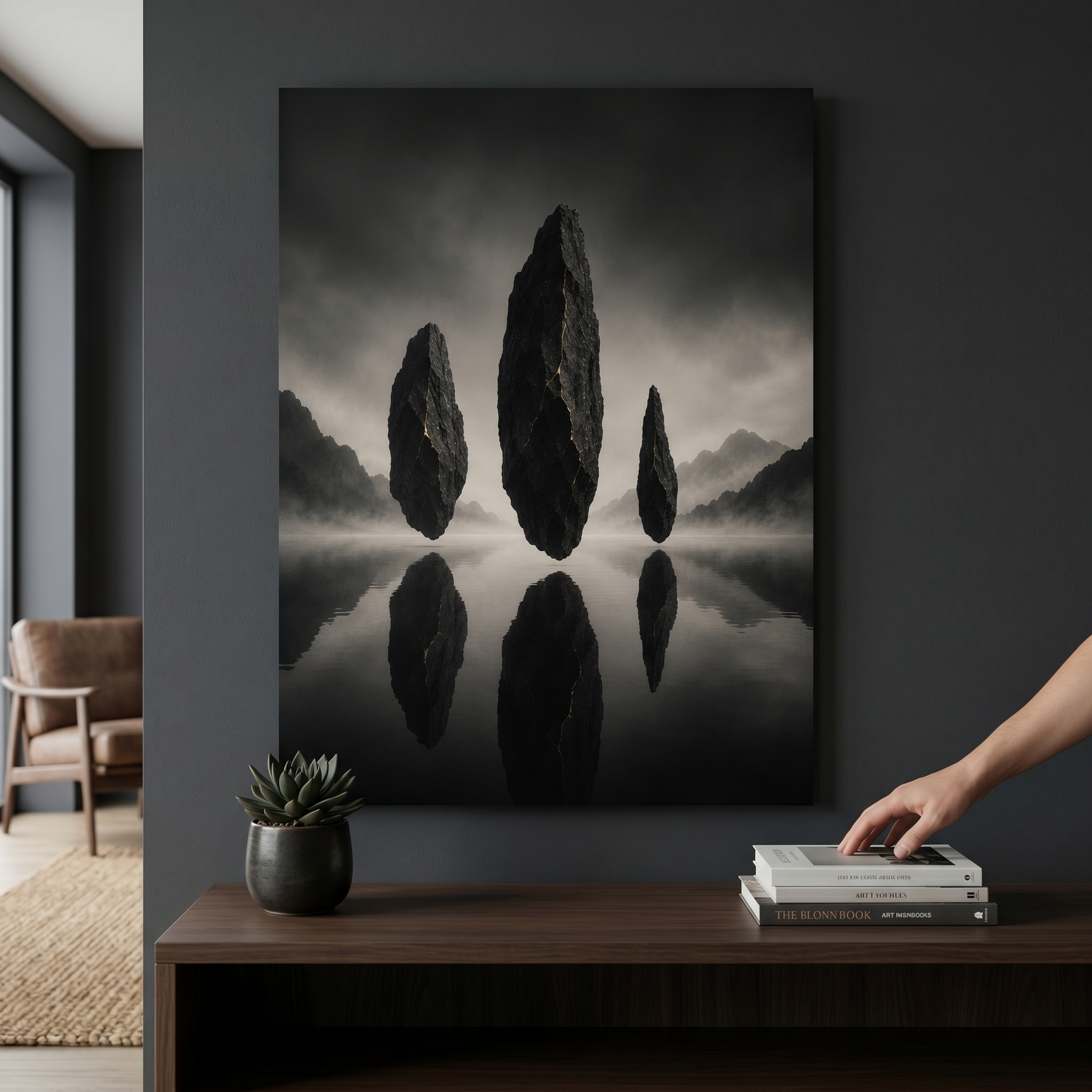 Schwarze Monolithen über Wasser | Stilles Alu-Dibond Wandbild