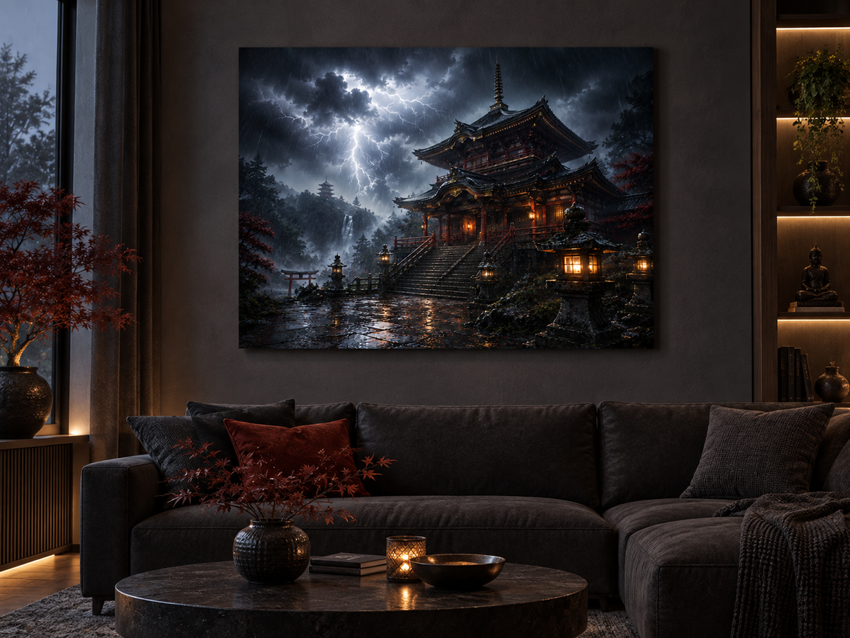 Japanischer Tempel im Gewitter – Alu-Dibond Wandbild