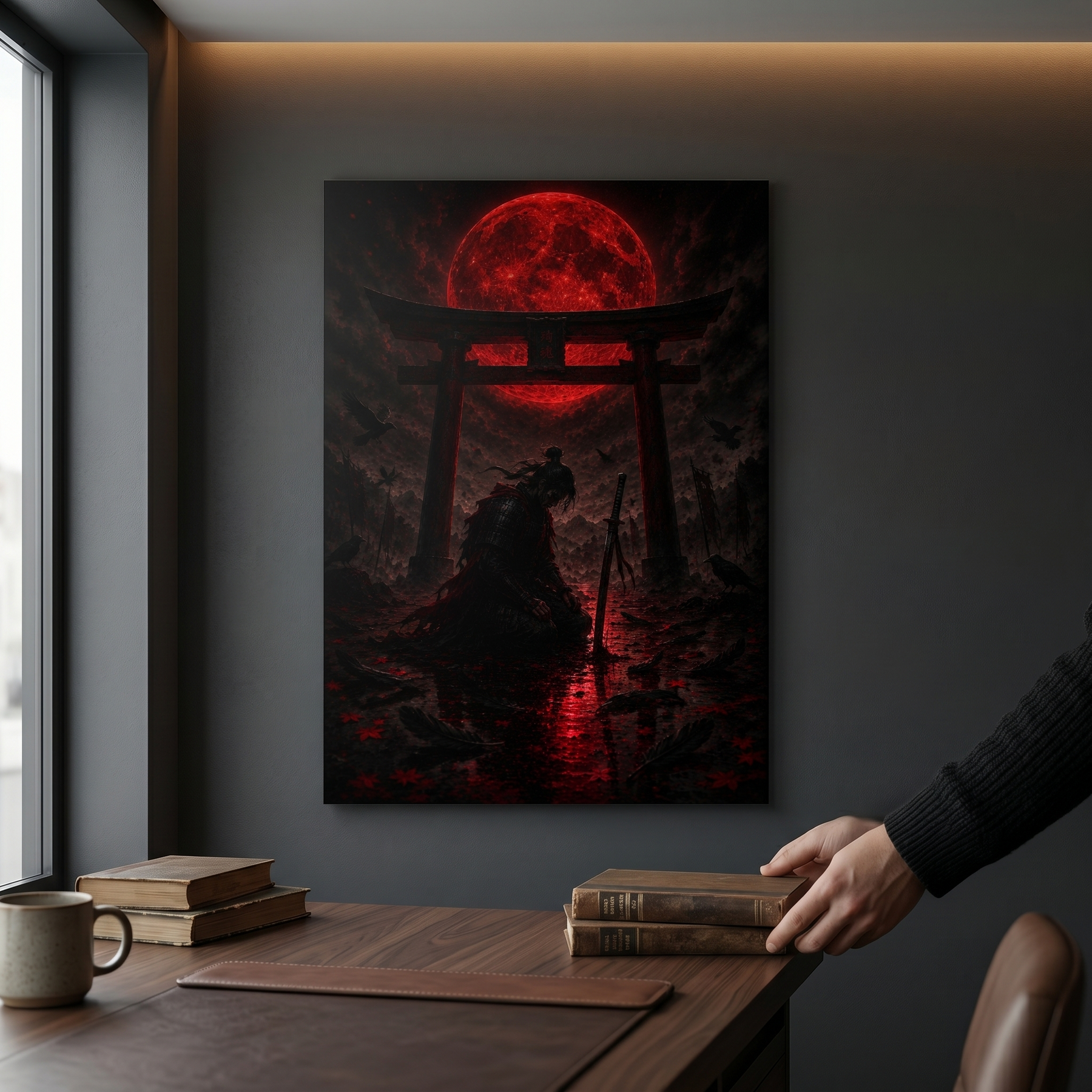 Kniender Samurai mit Raben | Torii Blutmond auf Alu-Dibond