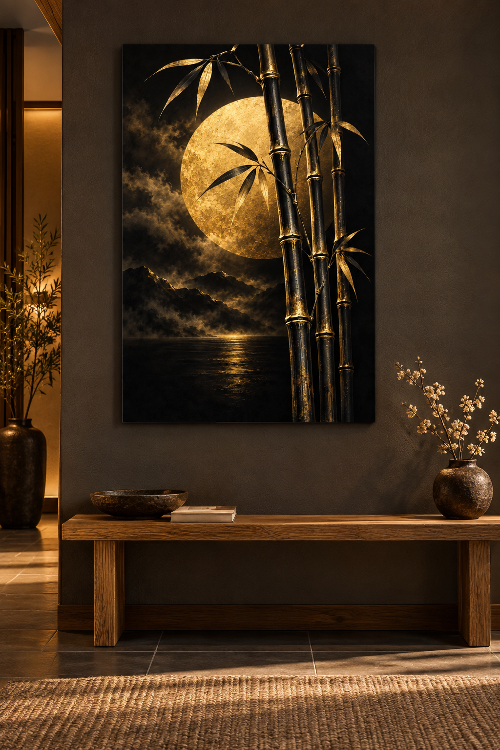 Bambus vor goldenem Mond – Alu-Dibond Wandbild Hochformat