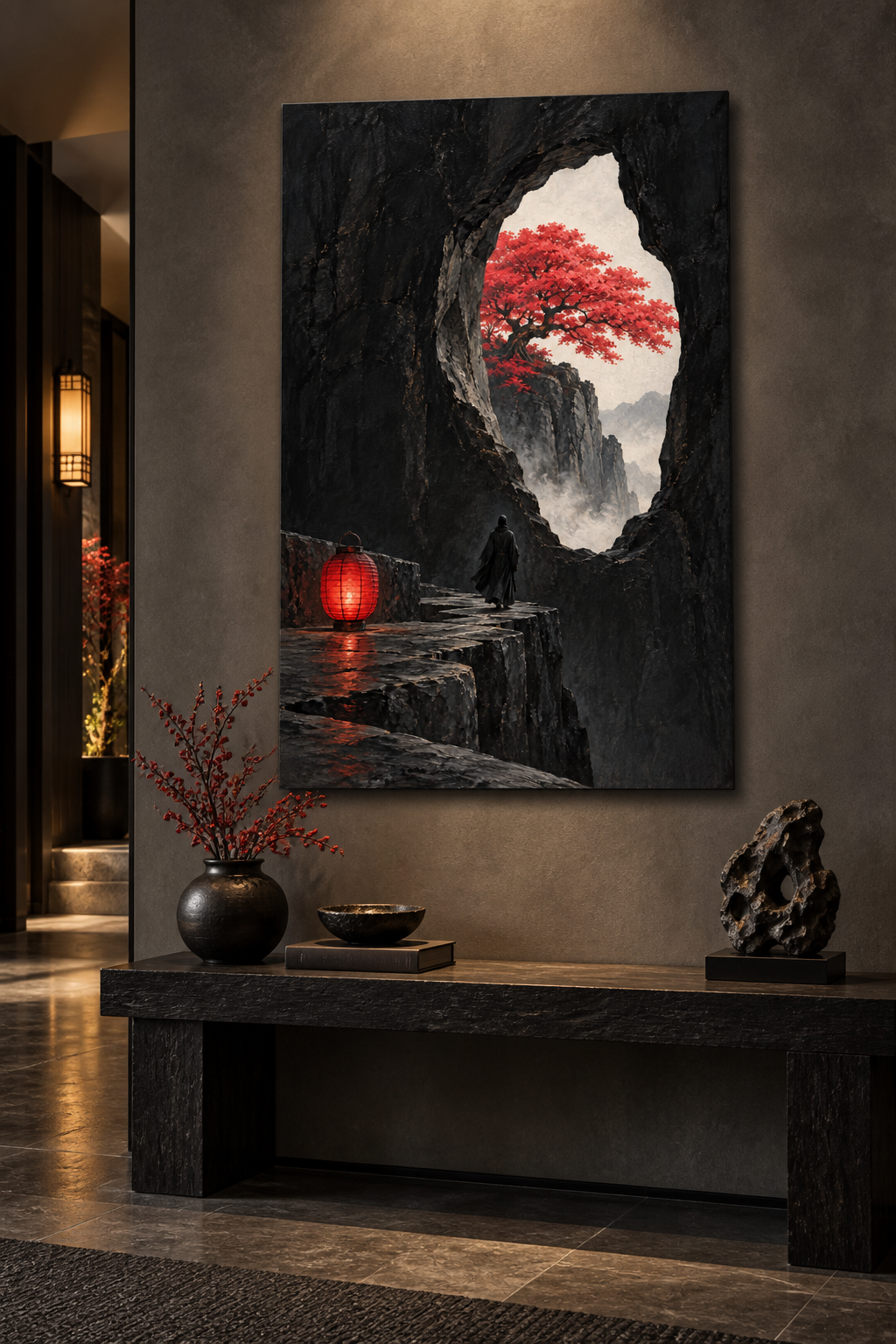 Roter Baum im Felsfenster – Alu-Dibond Wandbild Hochformat