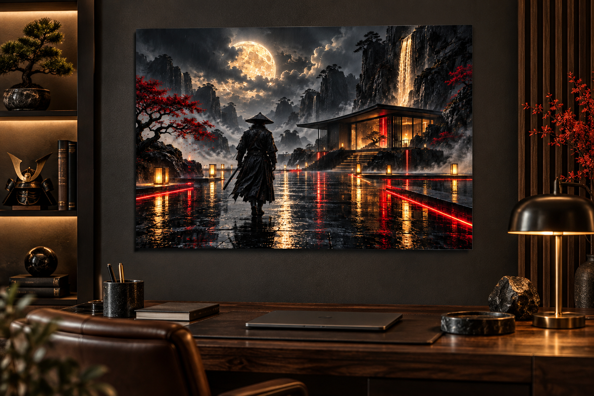 Ronin vor dem Neon-Pavillon – Alu-Dibond Wandbild Querformat