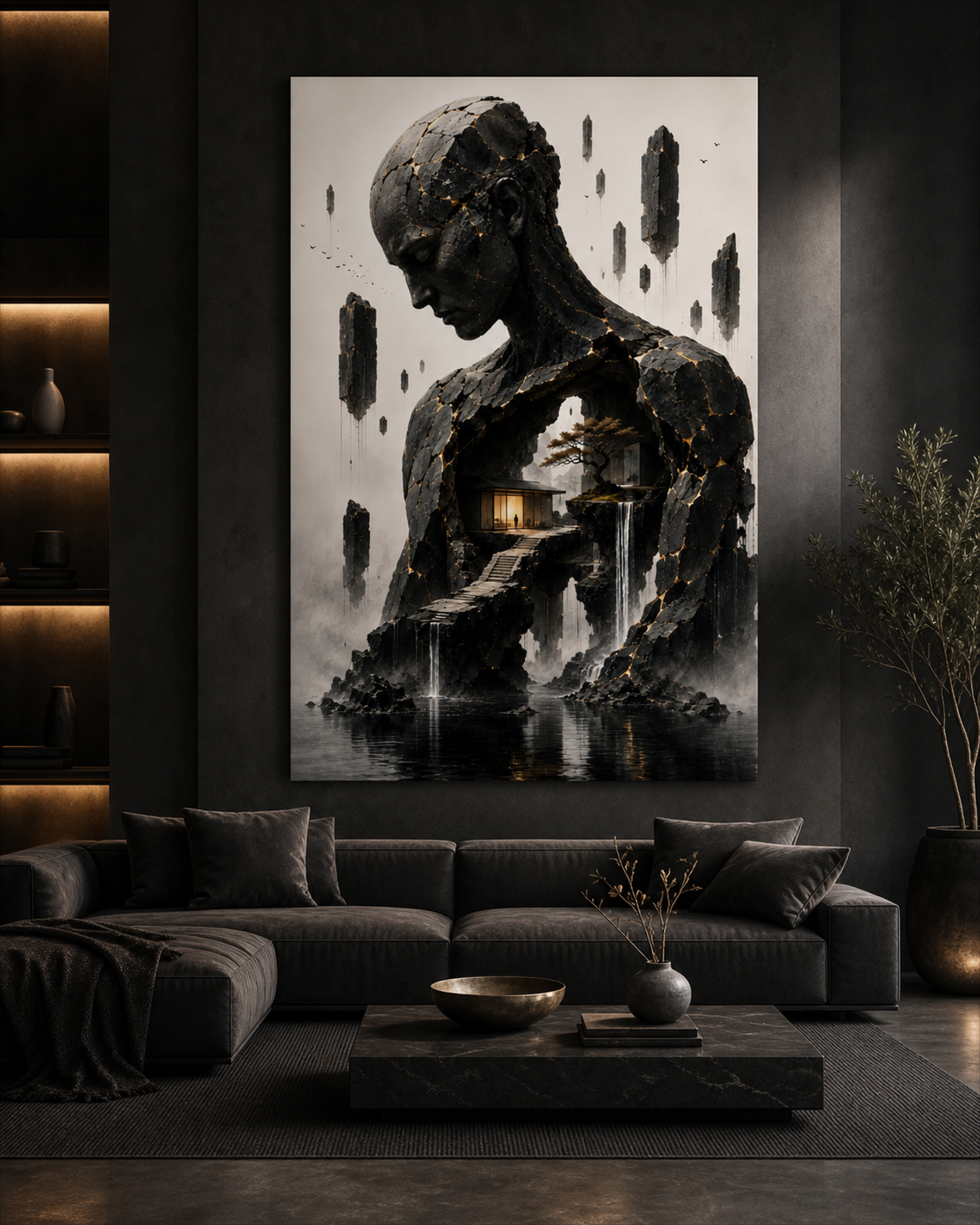 Kintsugi Figur mit innerer Landschaft | Surreales Alu-Dibond Wandbild