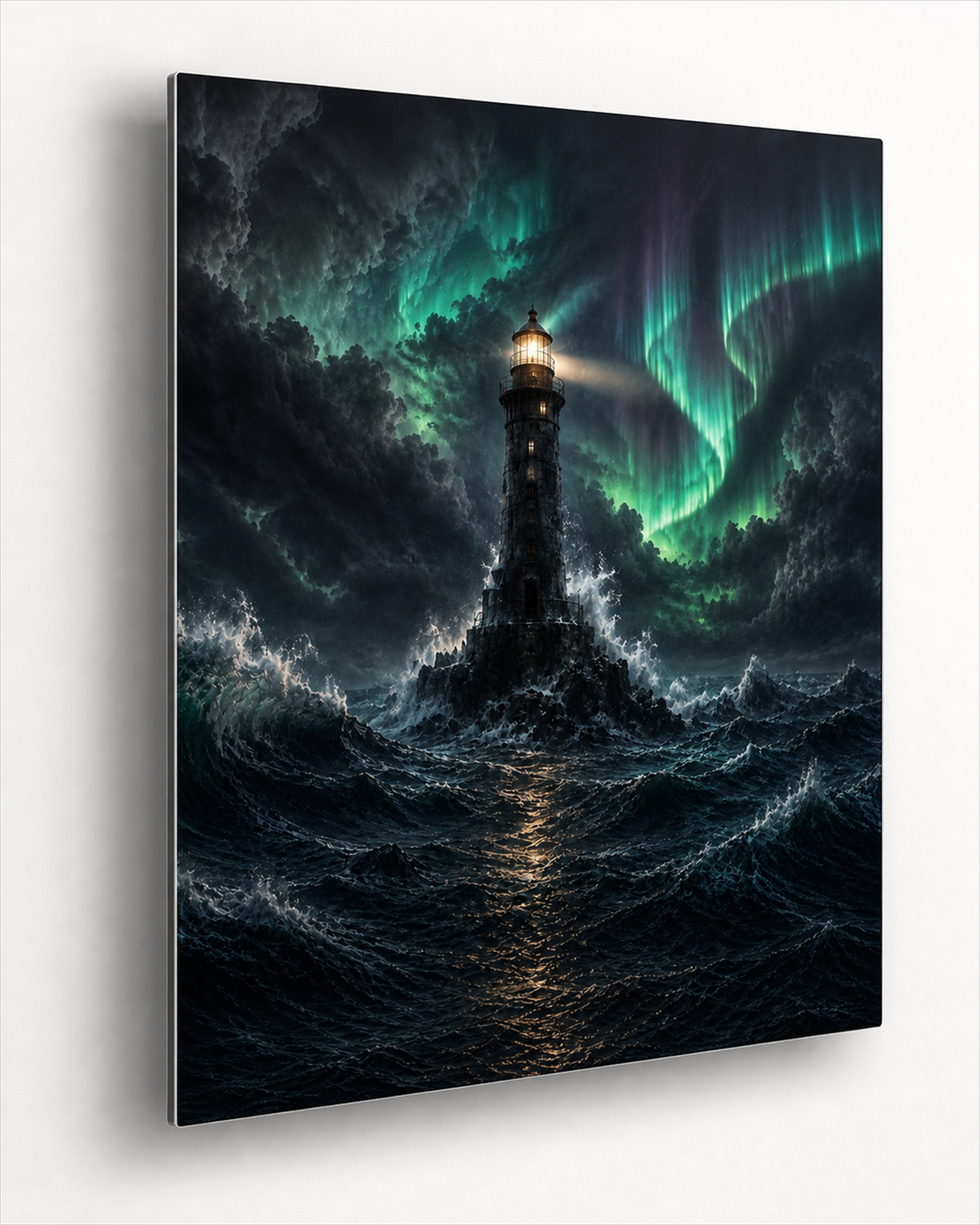 Leuchtturm im Sturm unter Nordlicht | Alu-Dibond Wandbild