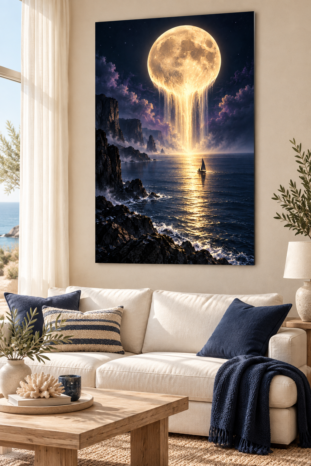 Mond fließt ins Meer – Alu-Dibond Wandbild Hochformat