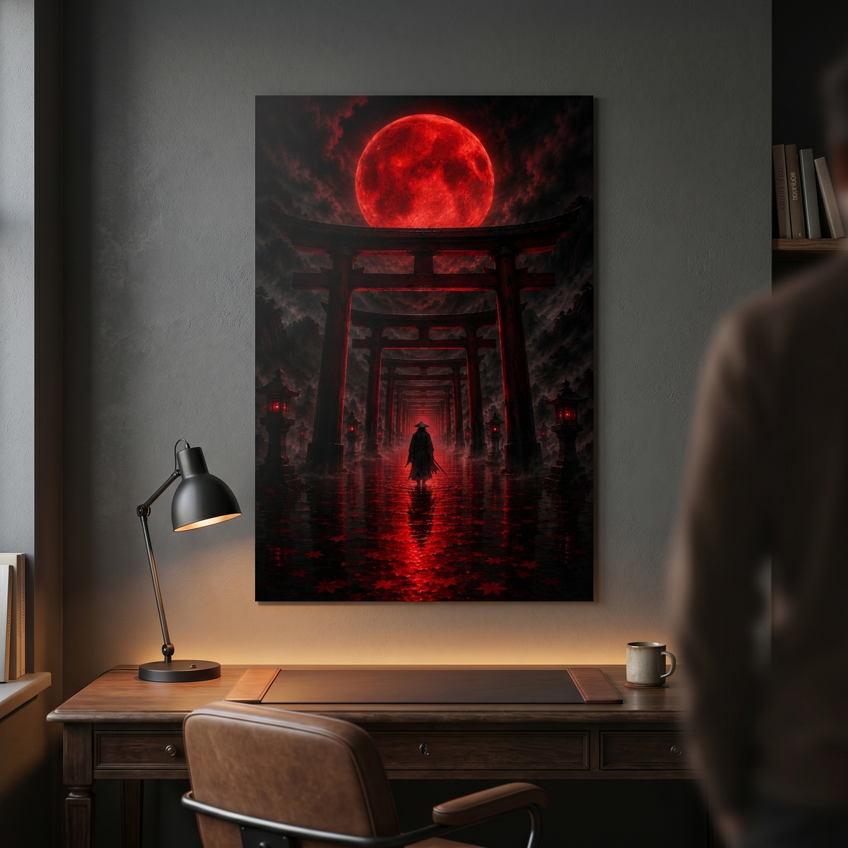Torii-Tunnel mit Blutmond | Samurai Japan auf Alu-Dibond