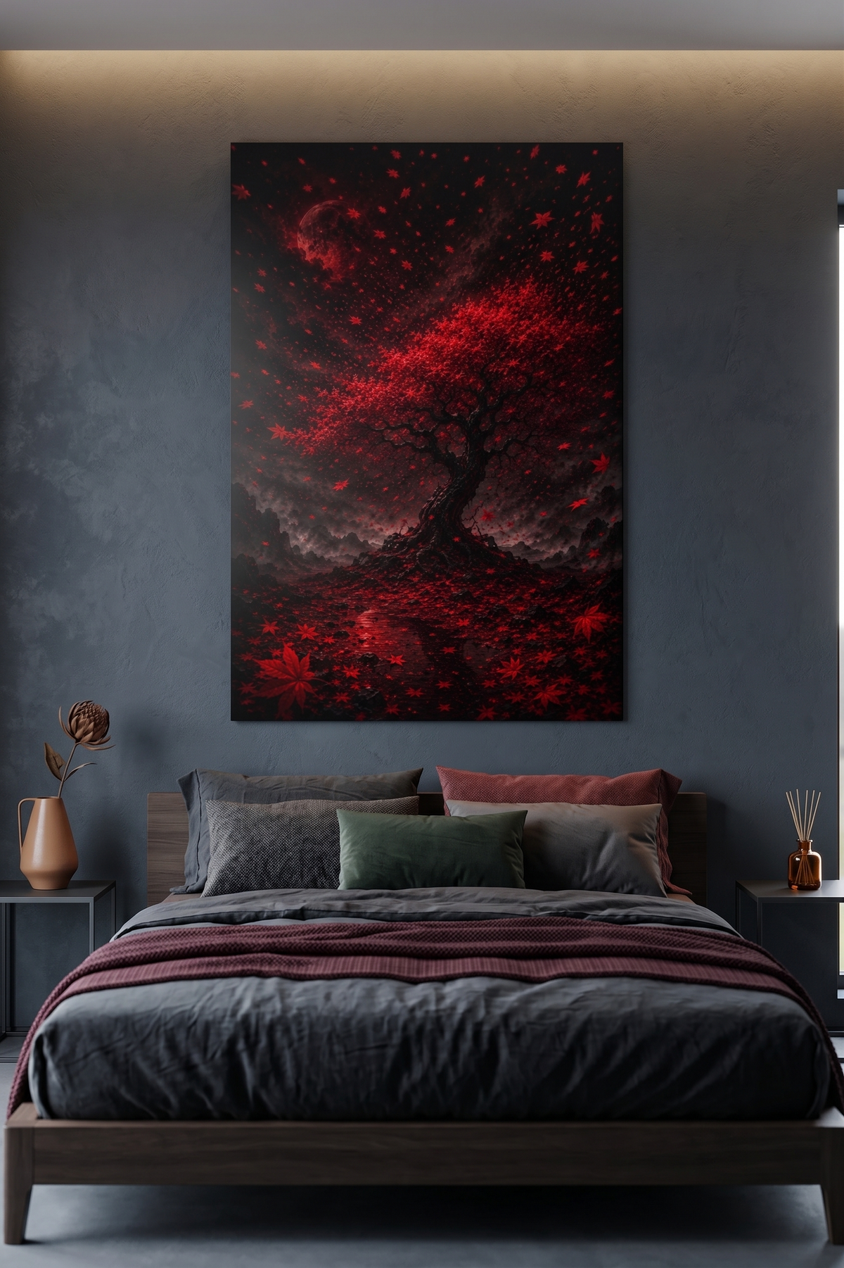 Roter Ahornbaum bei Nacht | Dramatisches Japan Alu-Dibond Wandbild
